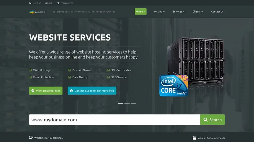 180-Hosting homepage screenshot