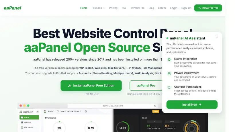 aaPanel homepage screenshot
