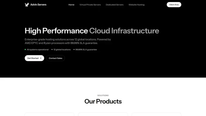 AdvinServers homepage screenshot