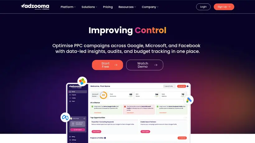 Adzooma homepage screenshot