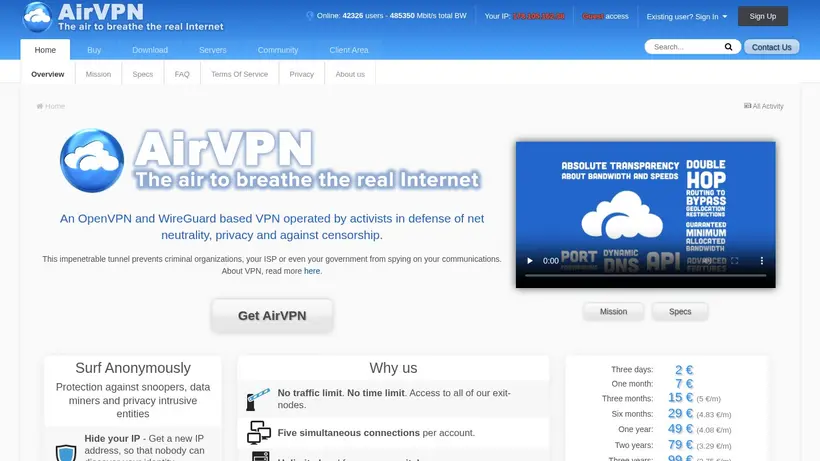 AirVPN homepage screenshot