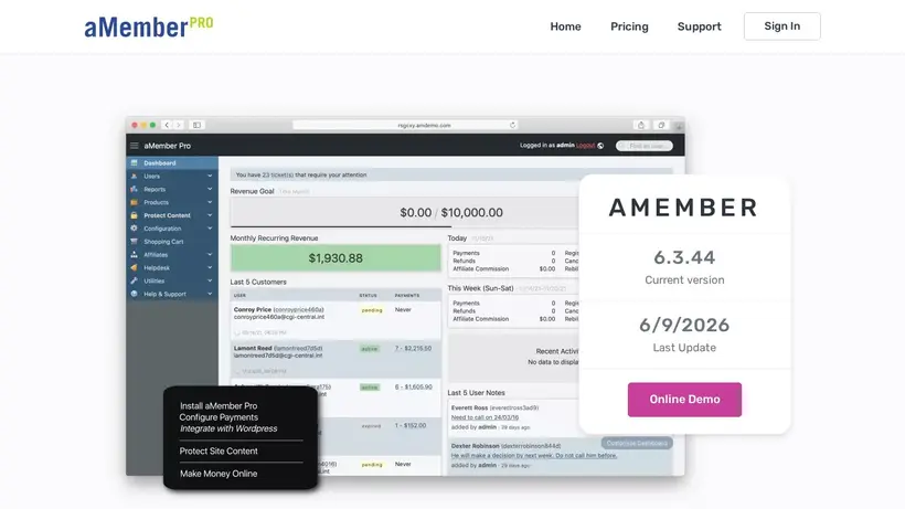 aMember homepage screenshot