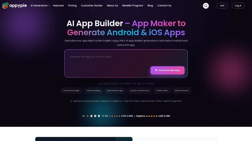 AppyPie homepage screenshot