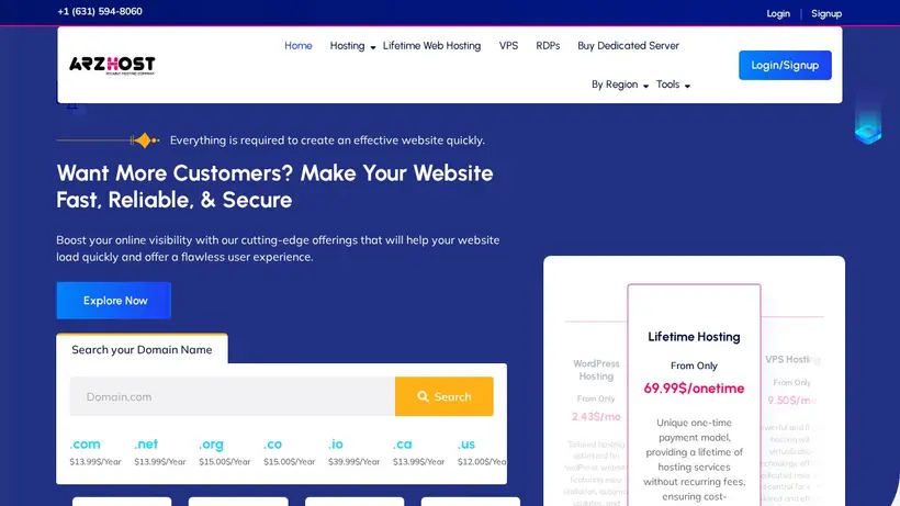 ARZHost homepage screenshot