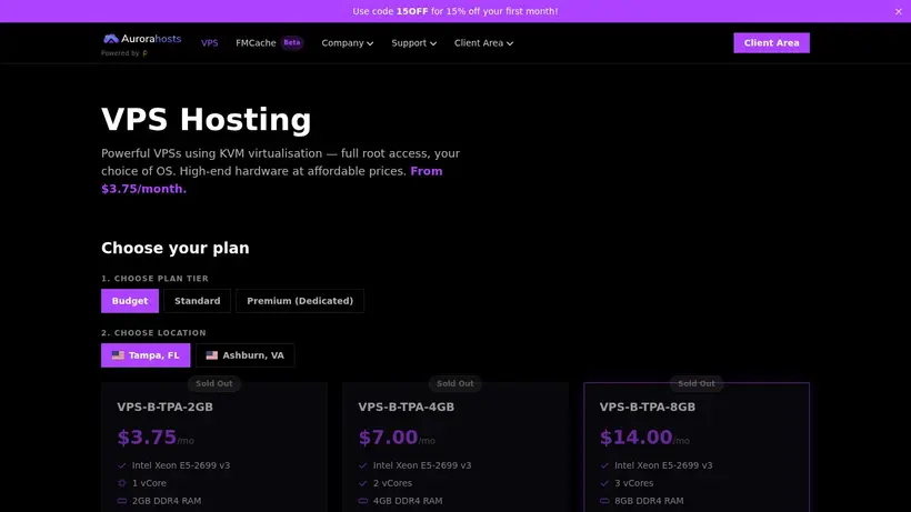 AuroraHosts homepage screenshot