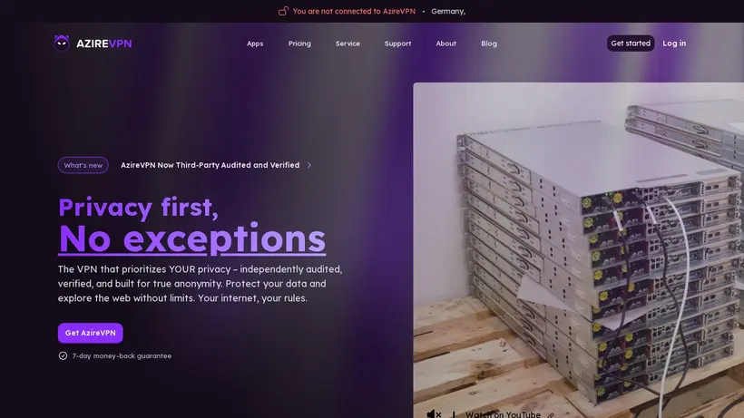 AzireVPN homepage screenshot