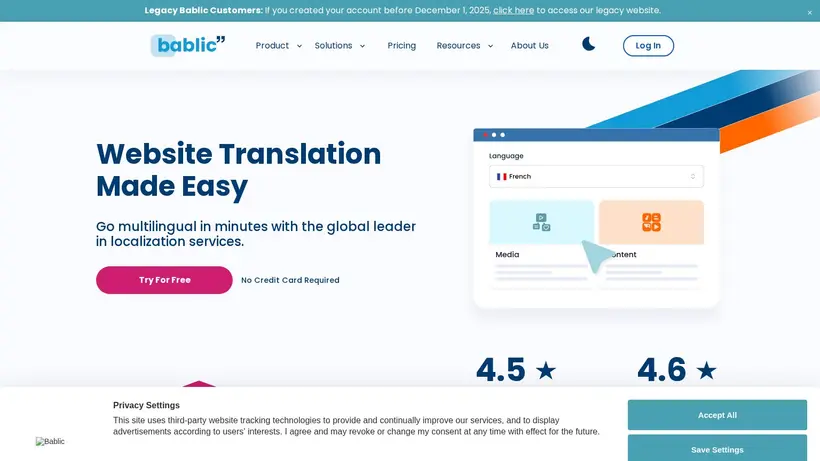 Bablic homepage screenshot