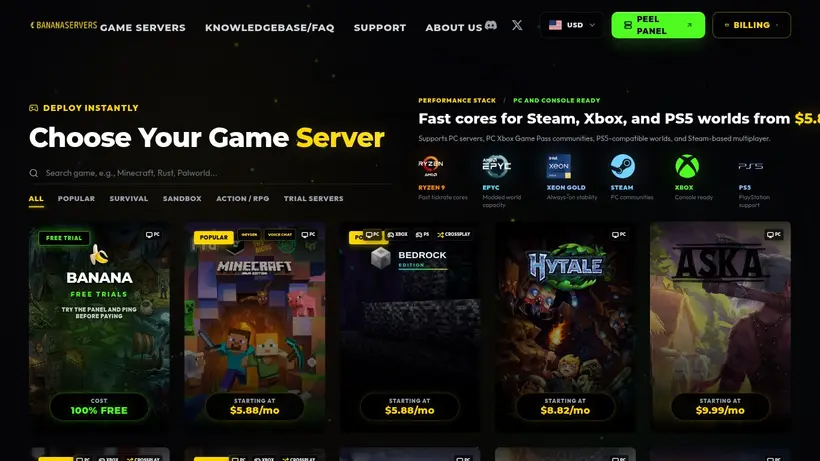 BananaServers homepage screenshot
