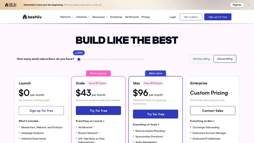 Beehiiv homepage screenshot
