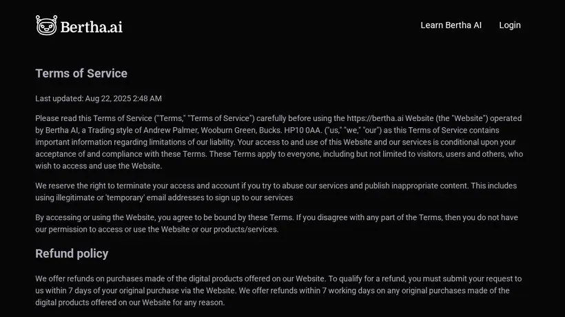 Bertha homepage screenshot