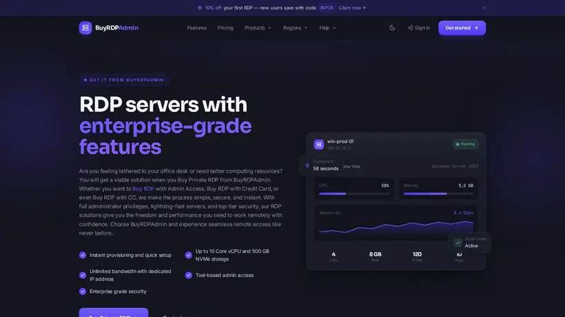 Buy RDP Admin homepage screenshot
