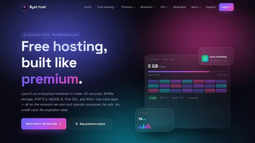 Byethost homepage screenshot