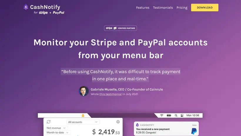 CashNotify homepage screenshot