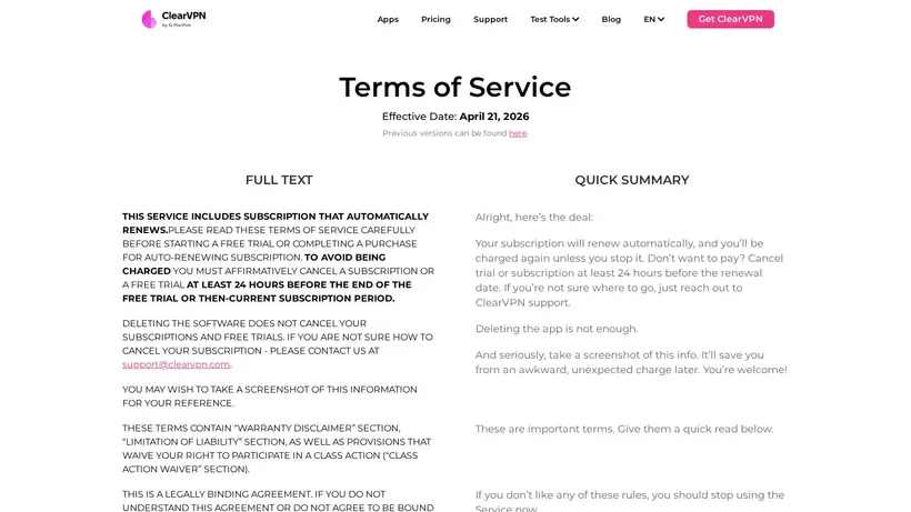ClearVPN homepage screenshot