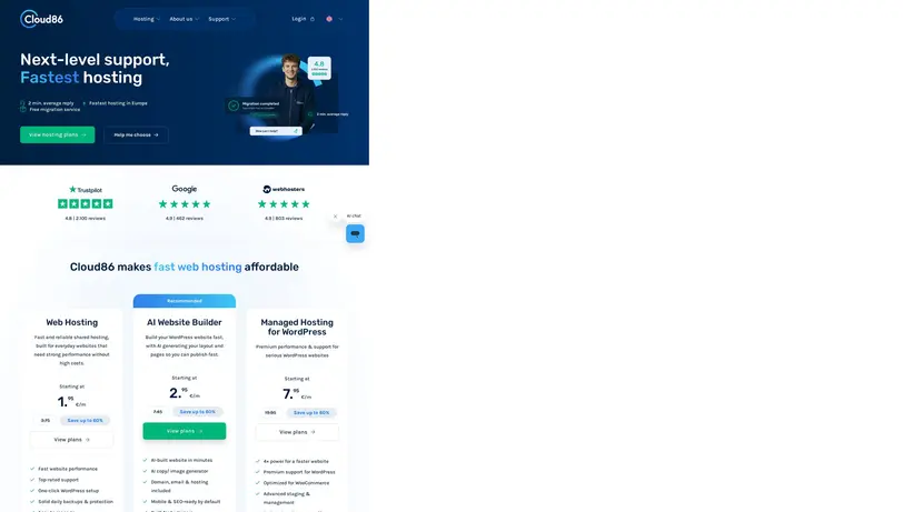 Cloud86 homepage screenshot