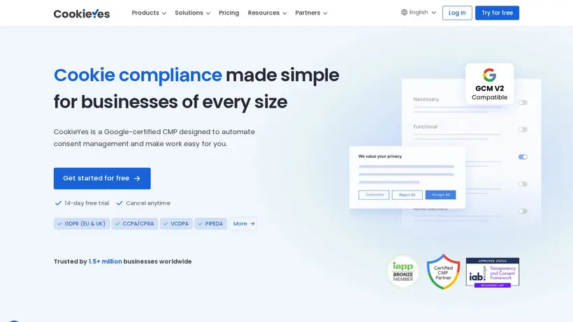 CookieYes homepage screenshot