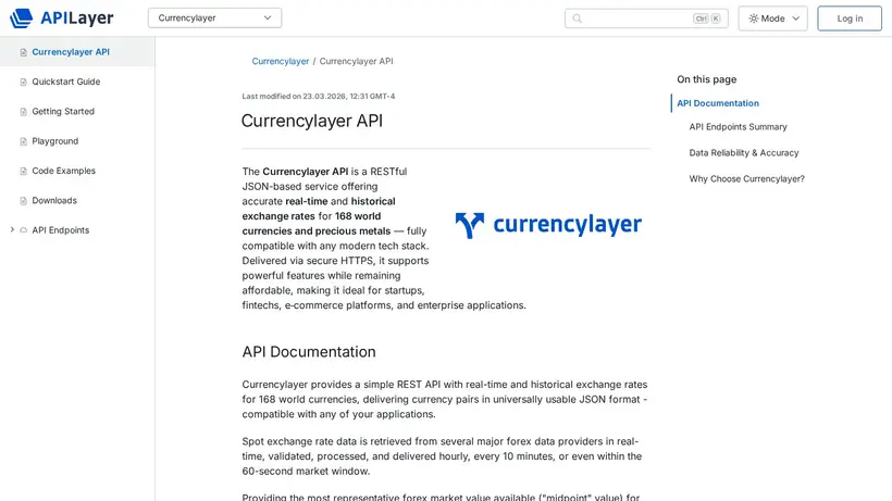 CurrencyLayer homepage screenshot