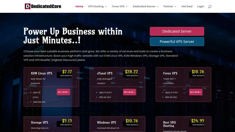 DedicatedCore homepage screenshot