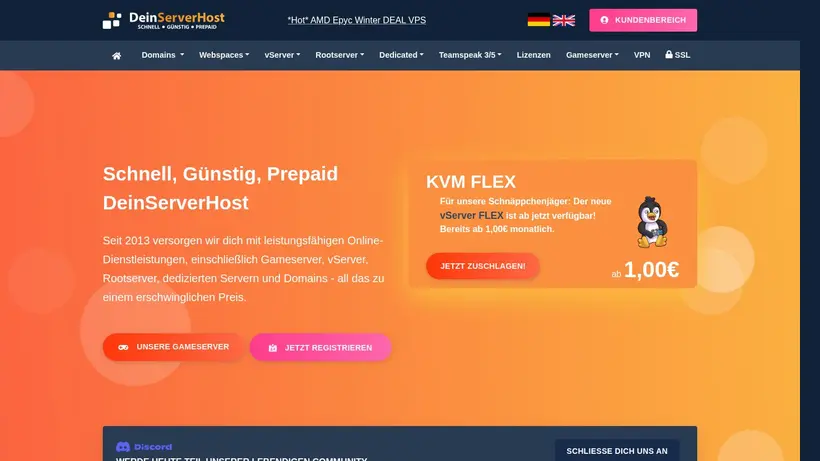 DeinServerHost homepage screenshot