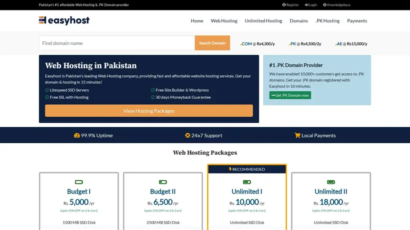 EasyHost homepage screenshot
