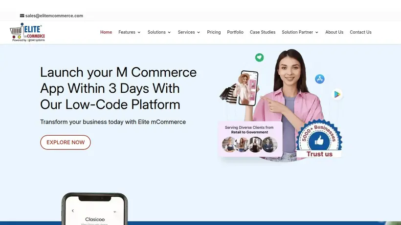 Elite mCommerce homepage screenshot