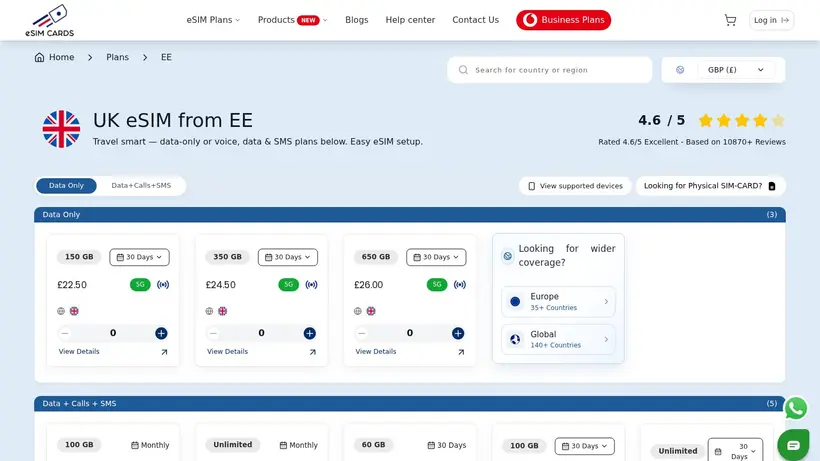 Esimcards.co.uk homepage screenshot