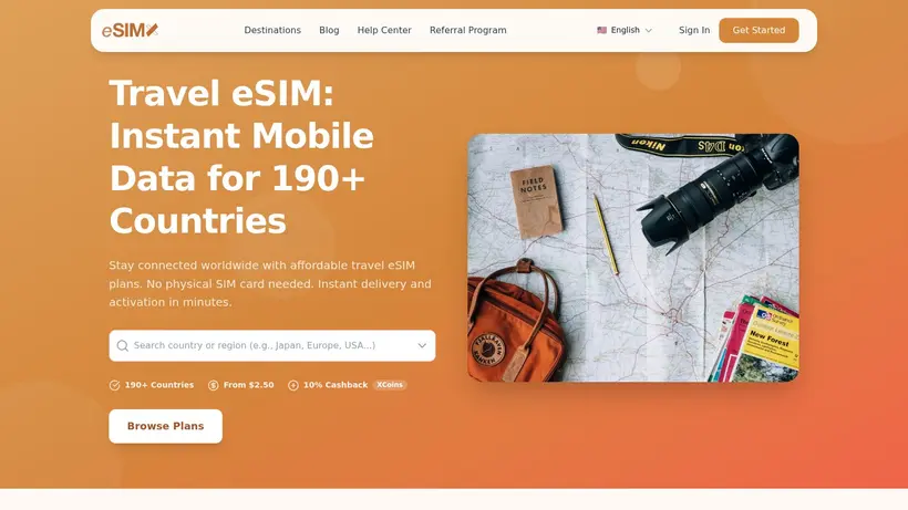 eSimx homepage screenshot