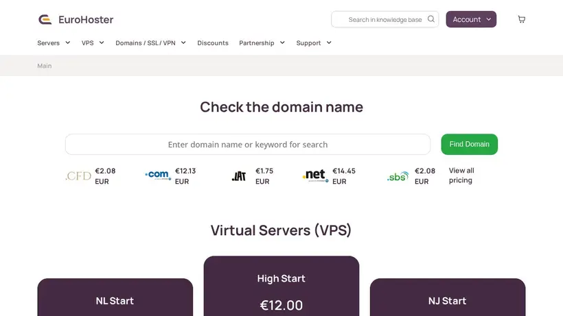 EuroHoster homepage screenshot
