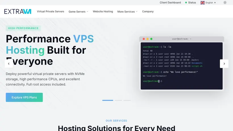 ExtraVM homepage screenshot
