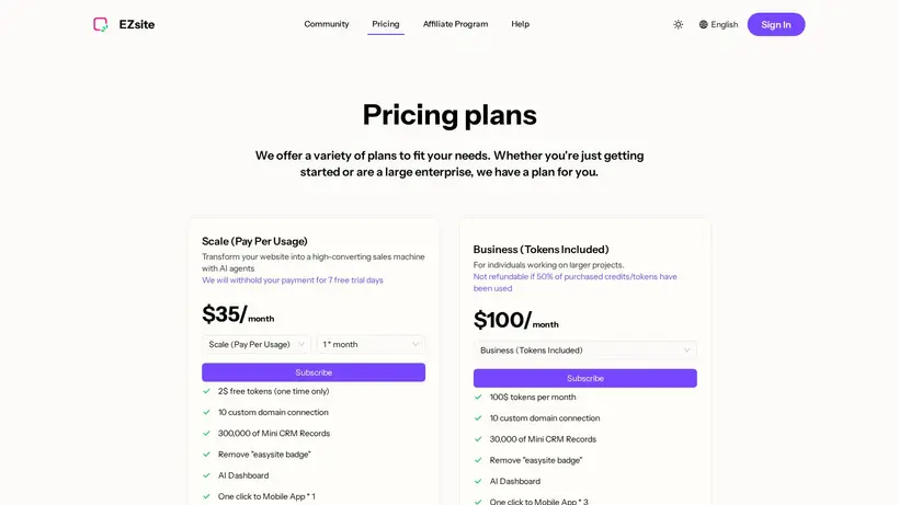 EZsite homepage screenshot