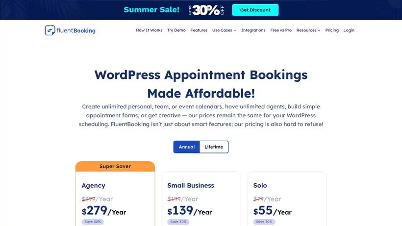 FluentBooking homepage screenshot