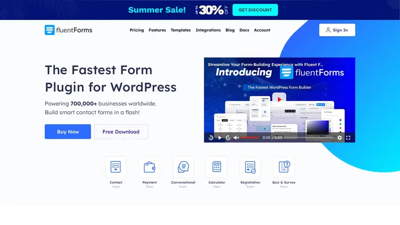 FluentForms homepage screenshot