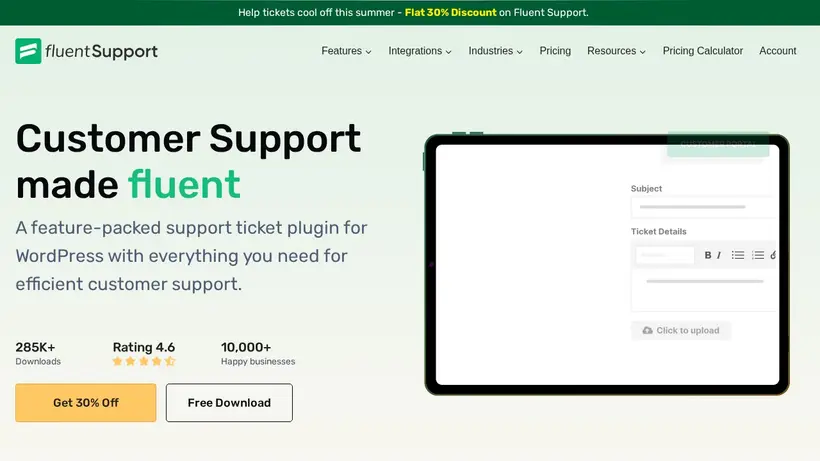 Fluent Support homepage screenshot
