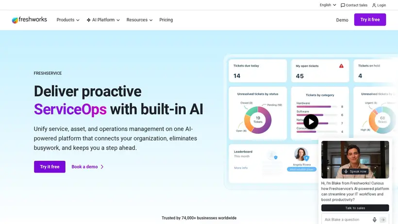FreshService homepage screenshot