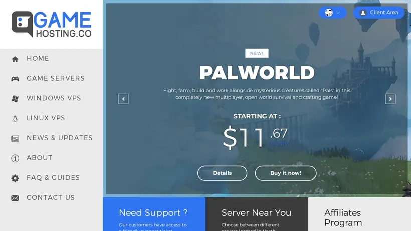 GameHosting homepage screenshot