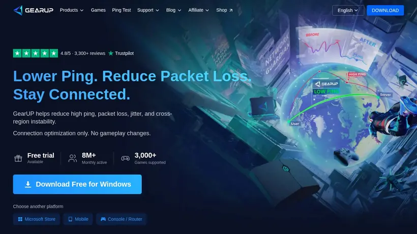 GearUP Booster homepage screenshot