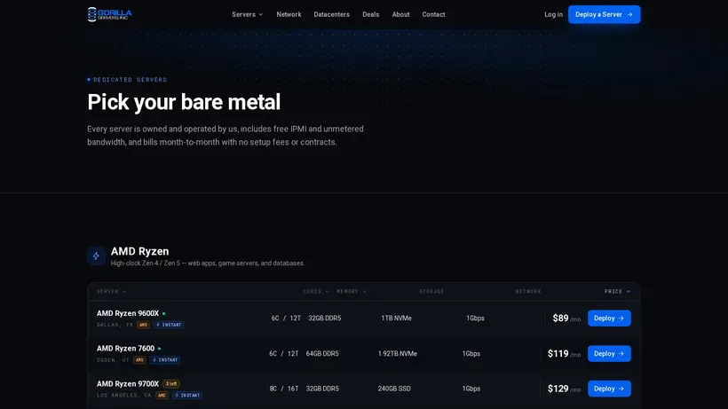 GorillaServers homepage screenshot