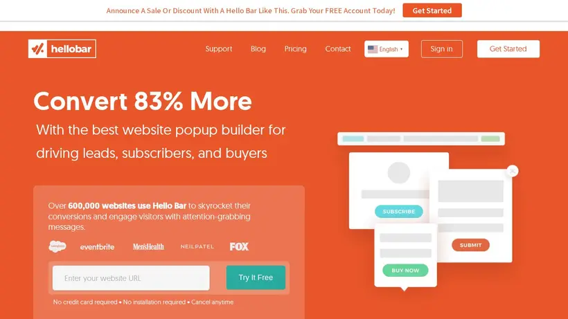 Hellobar homepage screenshot