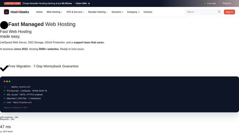 Host4Geeks homepage screenshot