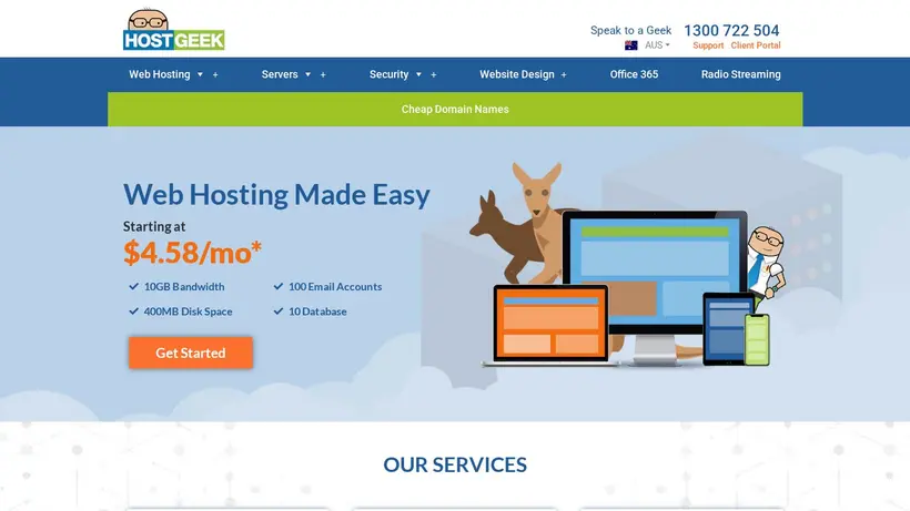 Hostgeek.com.au homepage screenshot