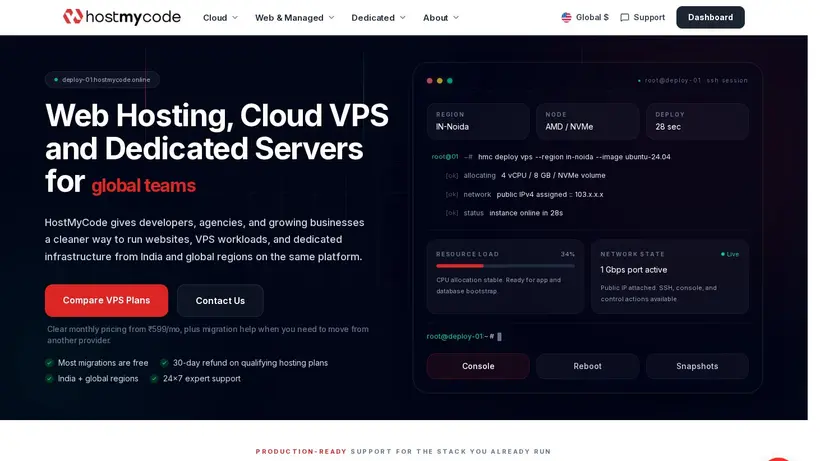 HostMyCode homepage screenshot