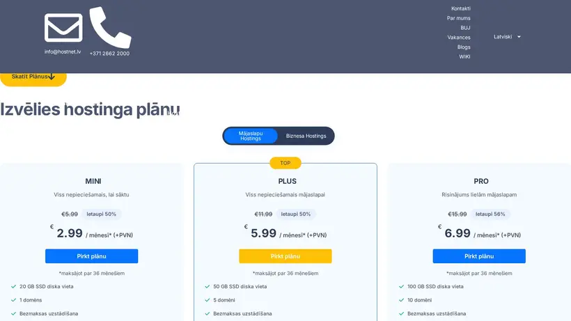 Hostnet.lv homepage screenshot