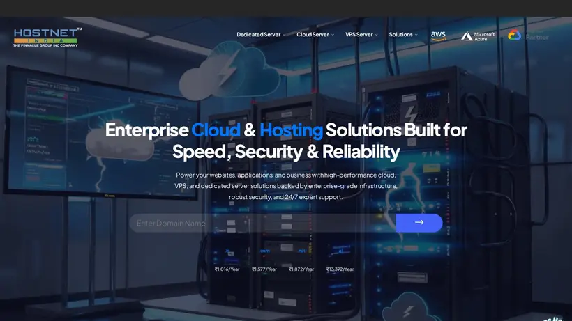 Hostnetindia homepage screenshot