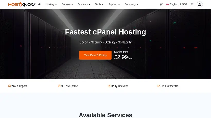 HostXNow homepage screenshot