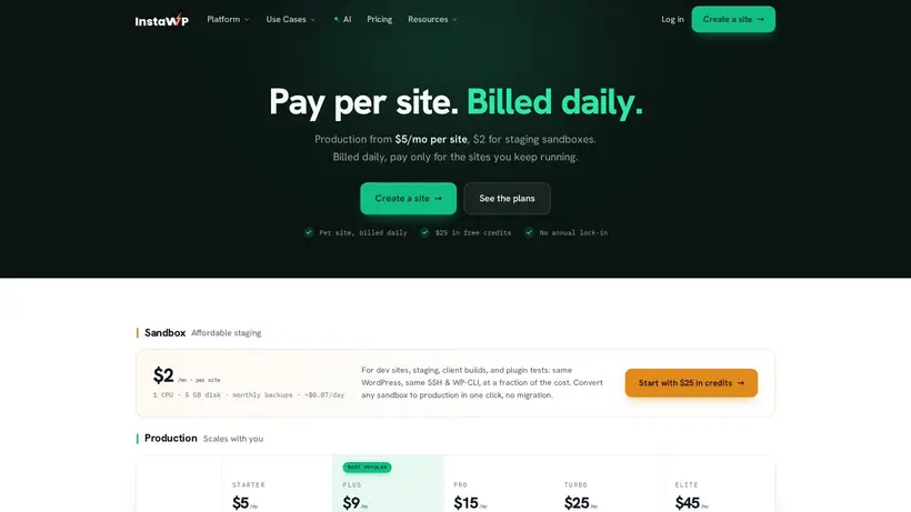 InstaWP homepage screenshot