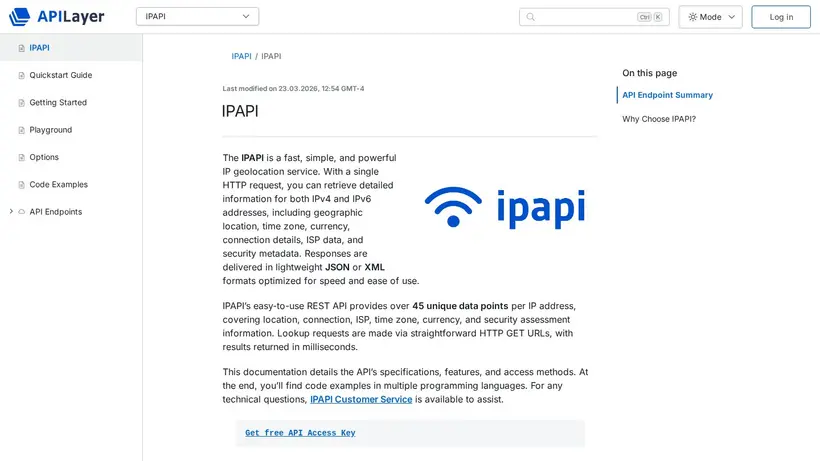 IPapi homepage screenshot