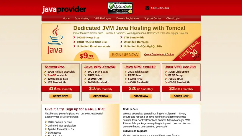 Java Provider homepage screenshot