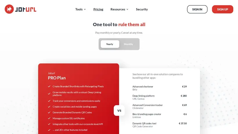 Joturl homepage screenshot