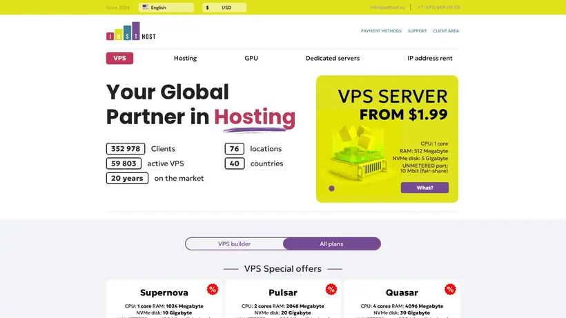 Just Host Russia homepage screenshot