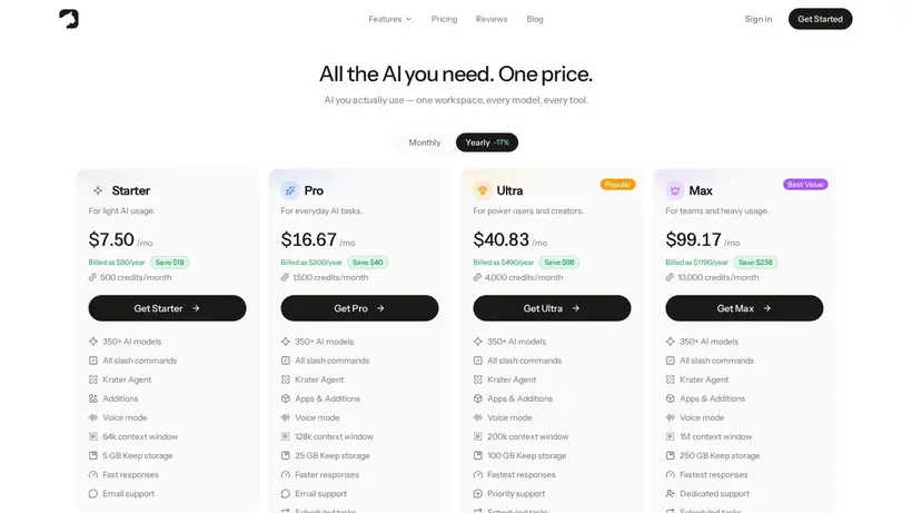 Krater AI homepage screenshot